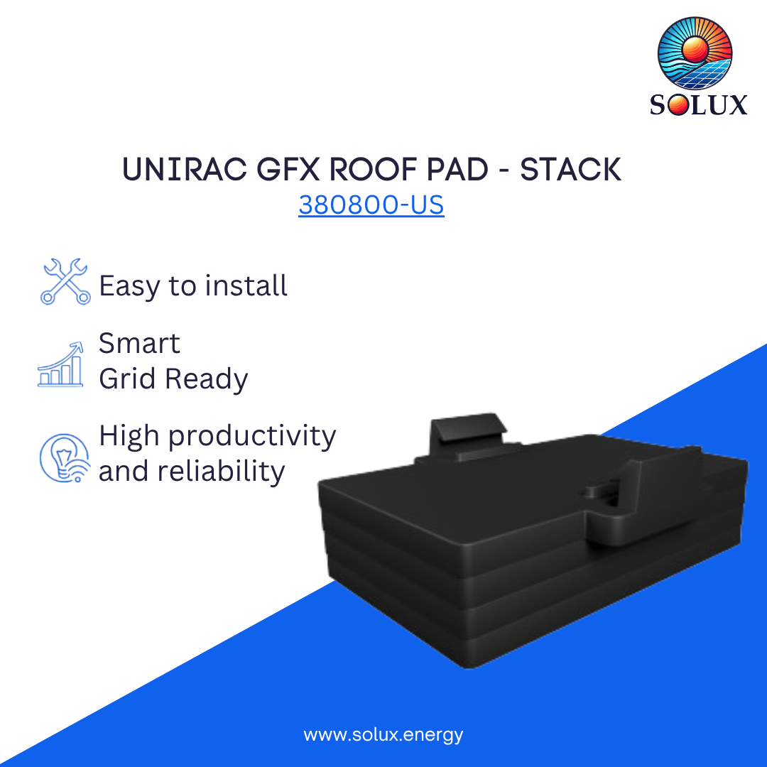 UNIRAC GFX Roof Pad with Solux logo and product features on a white and blue background