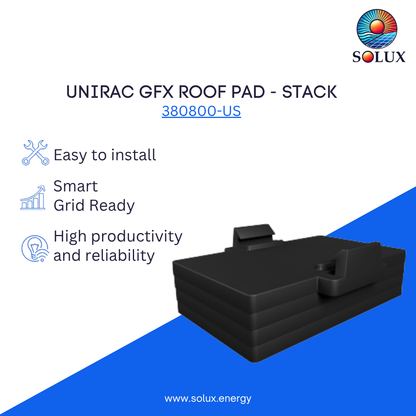 UNIRAC GFX Roof Pad with Solux logo and product features on a white and blue background