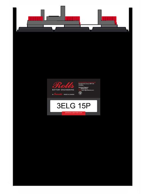 A black battery with red terminals labeled 'Rolls 3ELG 15P' on the front.