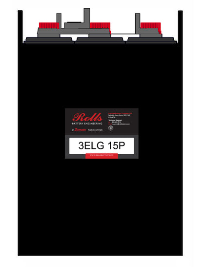 A black battery with red terminals labeled 'Rolls 3ELG 15P' on the front.