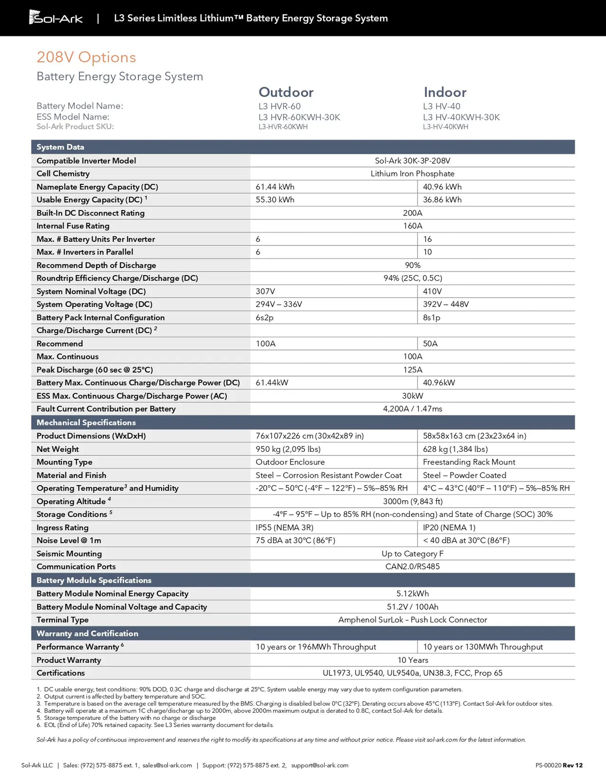 Sol-Ark L3-HV-40KWH 40 kW Limitless Series, Indoor Battery Energy Storage System