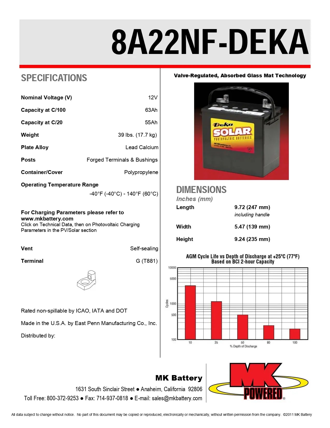 MK Deka 8A22NF 55Ah 12VDC Deep Cycle AGM Battery