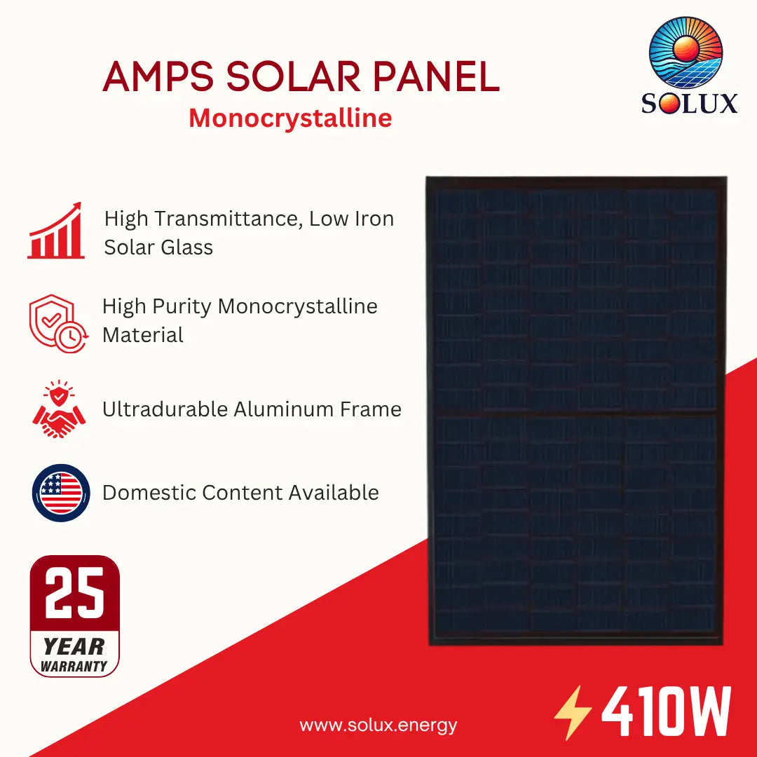 A promotional graphic for a Solux monocrystalline solar panel. The panel itself is shown on the right, while the left side features text highlighting product features such as high transmittance low iron solar glass, high purity monocrystalline material, an ultradurable aluminum frame, domestic content availability, a 25-year warranty, and a 410W rating.