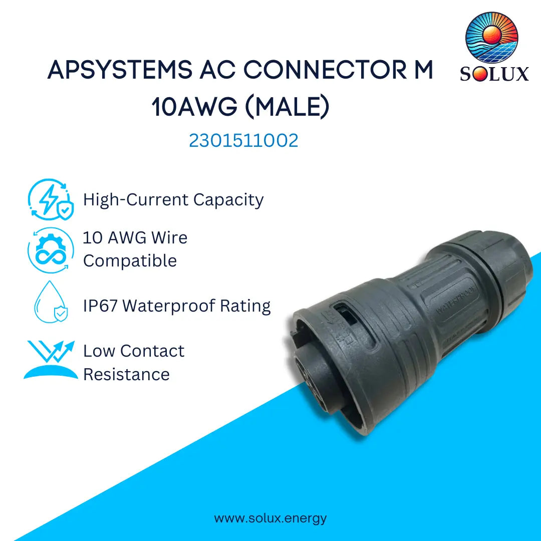 SOLUX APSystems AC Connector M 10AWG (Male) shown on a white and blue graphic background with product specifications and features listed on the left.