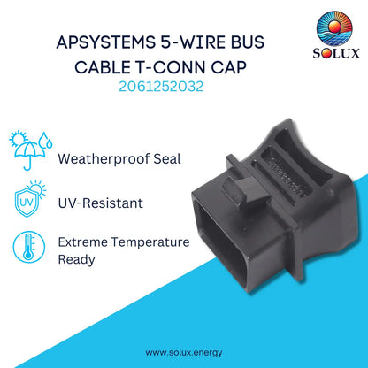 A black plastic 5-wire bus cable T-conn cap shown on a white and blue graphic background with text describing features: weatherproof seal, UV-resistant, and extreme temperature ready. The Solux logo is visible in the top right.