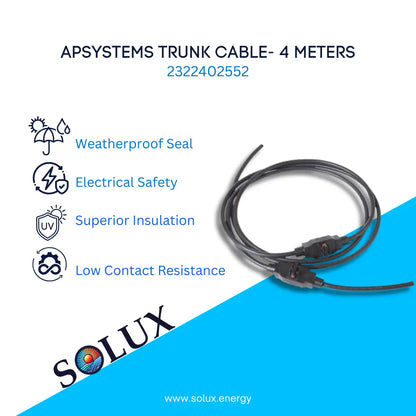 Apsystems trunk cable with features listed on a white and blue background, Solux brand visible.