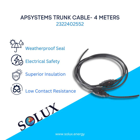 Apsystems trunk cable with features listed on a white and blue background, Solux brand visible.
