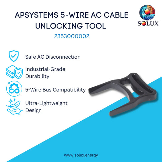A black 5-wire AC cable unlocking tool by Solux, displayed on a white and blue graphic background with product features listed on the left.