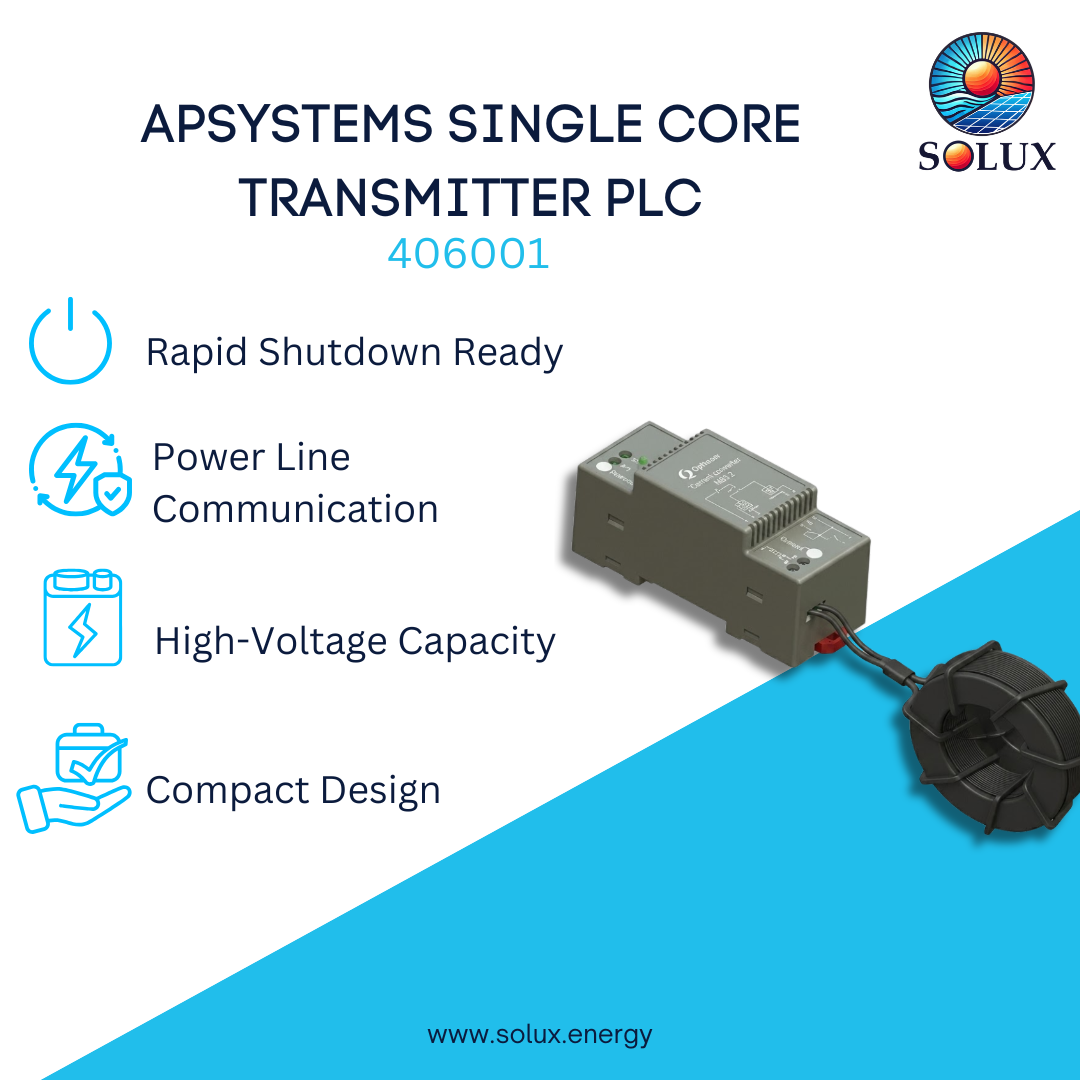 Promotional graphic for the APSYSTEMS Single Core Transmitter PLC, model 406001, by Solux. The image features a technical product rendering of the grey transmitter module with its black cable connector on a diagonal blue and white background, accompanied by four feature icons and text describing its capabilities: Rapid Shutdown Ready, Power Line Communication, High-Voltage Capacity, and Compact Design.