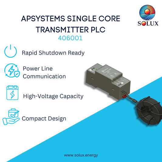 Promotional graphic for the APSYSTEMS Single Core Transmitter PLC, model 406001, by Solux. The image features a technical product rendering of the grey transmitter module with its black cable connector on a diagonal blue and white background, accompanied by four feature icons and text describing its capabilities: Rapid Shutdown Ready, Power Line Communication, High-Voltage Capacity, and Compact Design.