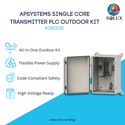 Promotional graphic for the APSYSTEMS Single Core Transmitter PLC Outdoor Kit by Solux, showing a gray metal enclosure with the door open to reveal internal components, alongside feature icons and text on a white and blue background.