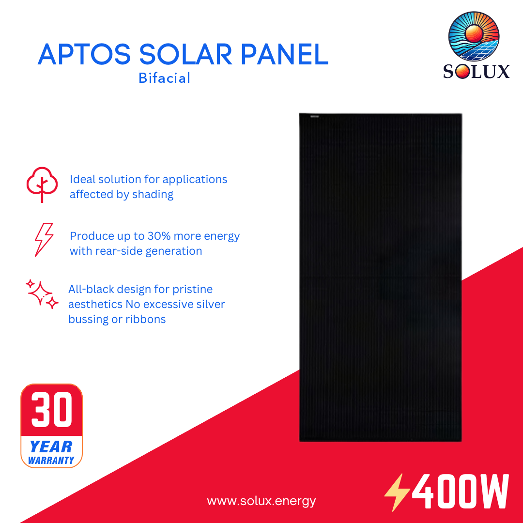 This is an image of Aptos 400W 1/2 Cells All Black Bifacial Solar Panel
