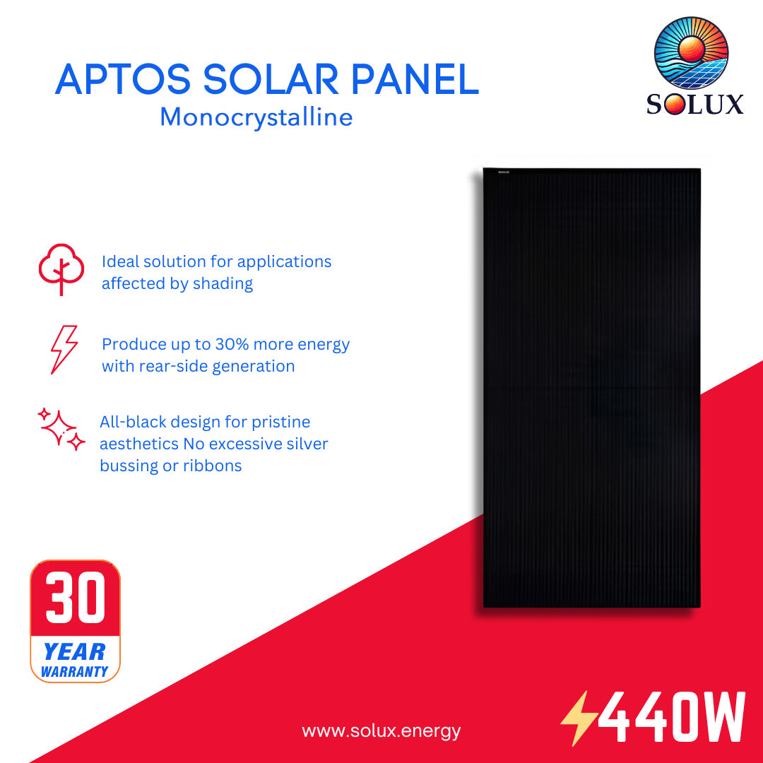 This is an image of Aptos Solar DNA-120-MF10-440 440Watt 120 1/2 Cells All Black Monocrystalline Solar Panels