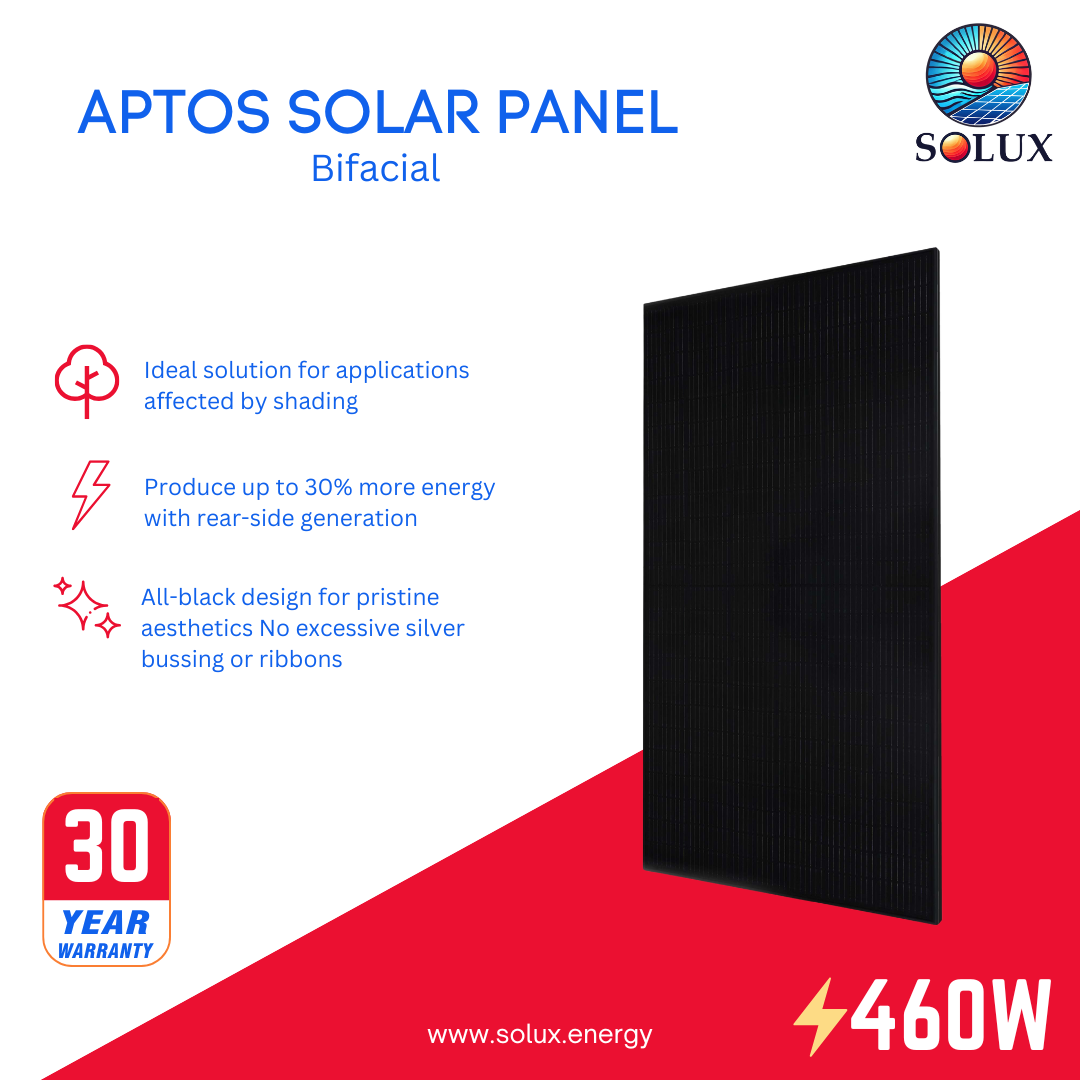 This is an image of Aptos Solar 460Watt Solar Panel  All Black Bifacial DNA-120-MF10-460