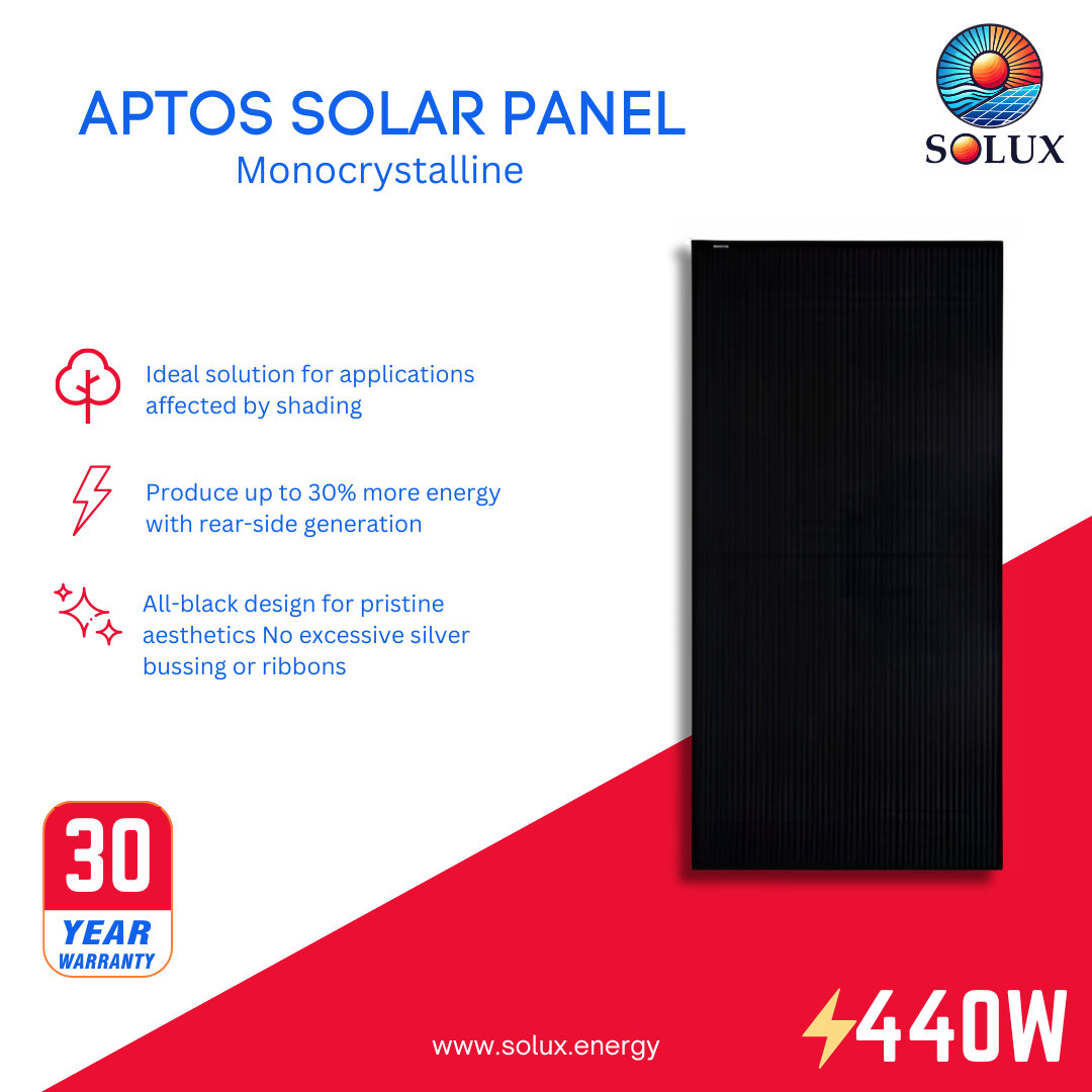 This is an image of Aptos Solar DNA-120-MF10-440 440Watt 120 1/2 Cells All Black Bifacial Solar Panels