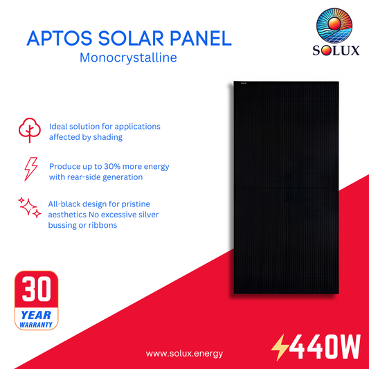 This is an image of Aptos Solar DNA-120-MF10-440 440Watt 120 1/2 Cells All Black Bifacial Solar Panels