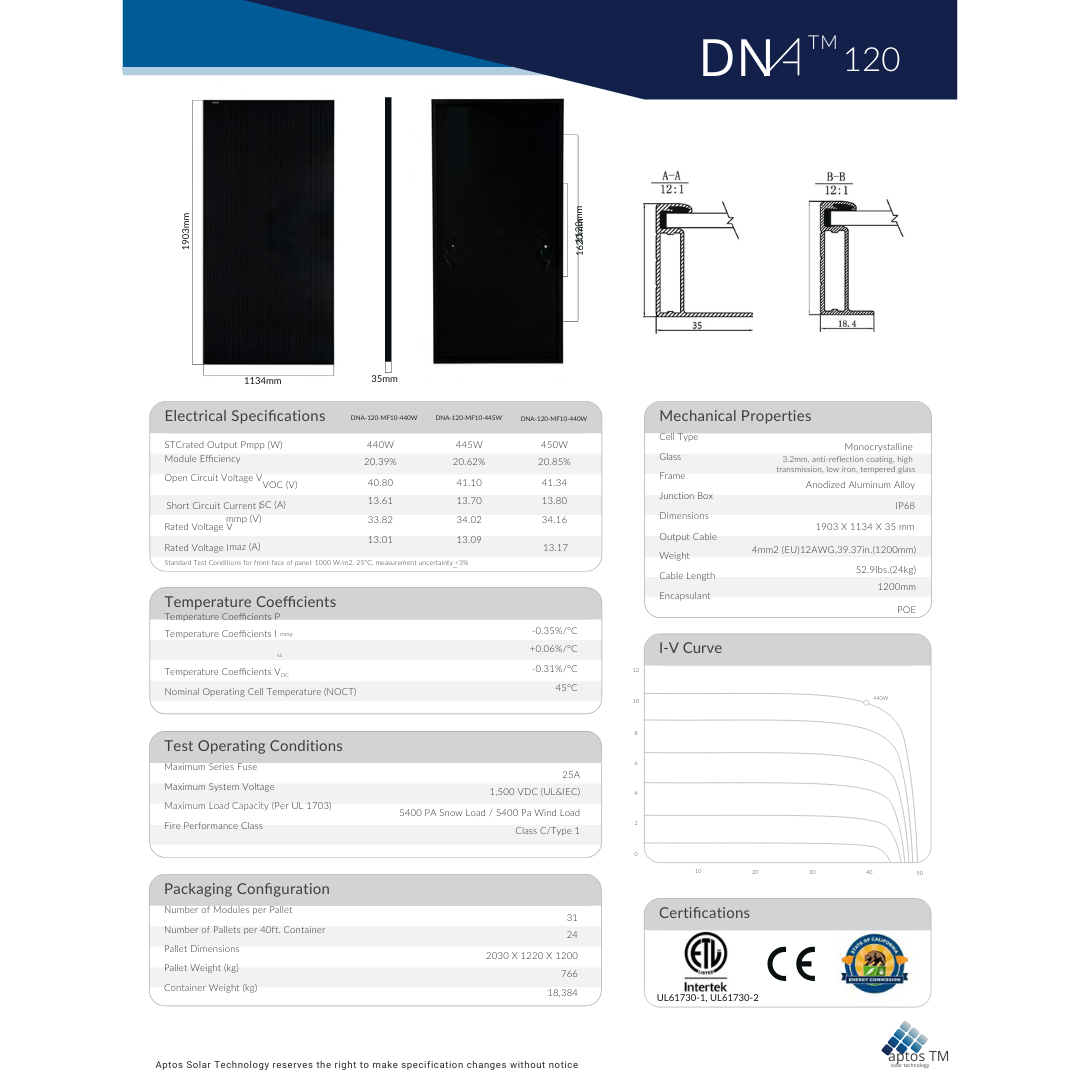 DNA-120-MF10-440 Aptos 440 watt solar panel