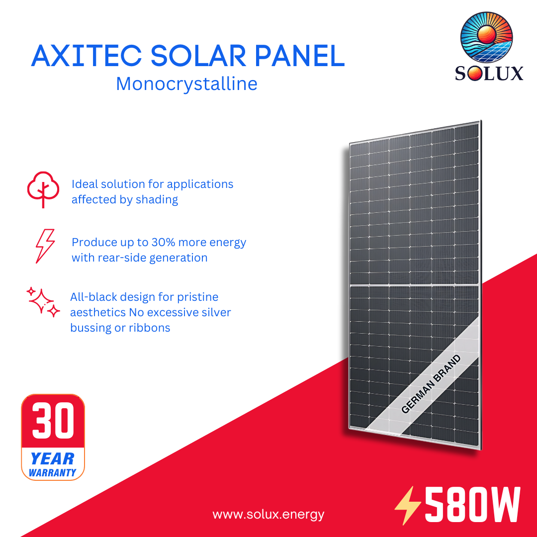 This is an image of Axitec 580Watt 144 Cell Bifacial Silver Frame Solar Panels