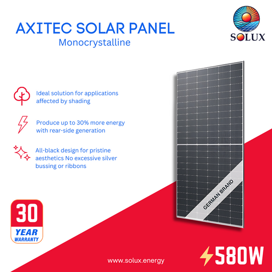 This is an image of Axitec 580Watt 144 Cell Bifacial Silver Frame Solar Panels