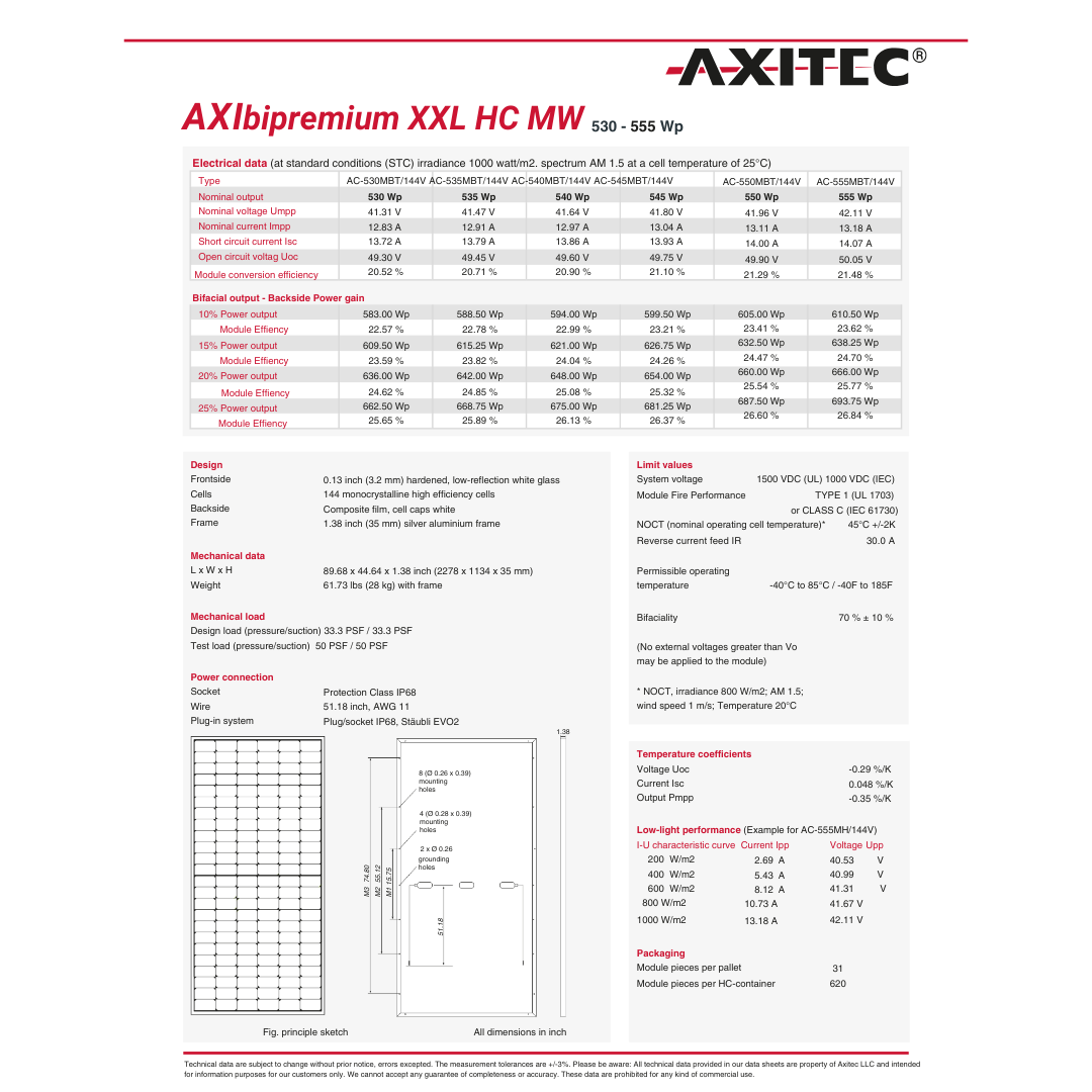 AC-550MBT/144-US solar panels bifacial technical datasheet featuring 550W output, 21.29% efficiency, and 15-year warranty.