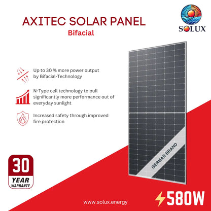This is an image of Axitec 580Watt 144 Cell Bifacial Silver Frame Solar Panels