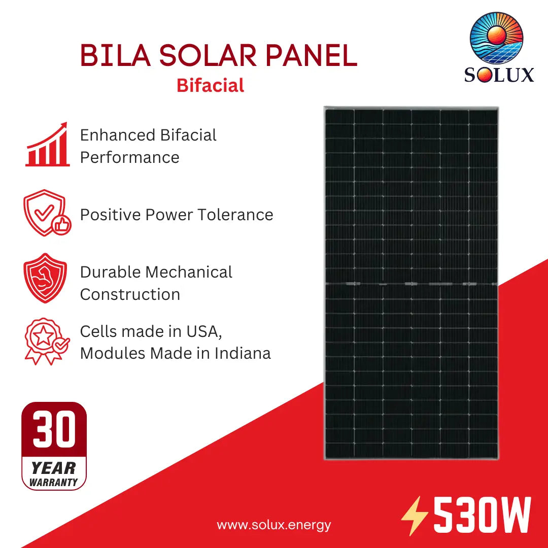 Bila Solar Panel Bifacial 530W solar panel by Solux, shown as a rectangular black panel on a white and red promotional graphic with feature icons and a 30-year warranty badge.