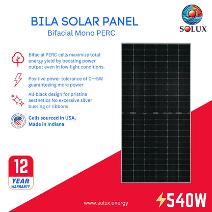 Bilas Mono PERC Bifacial 540W Solar Panel graphic with "Made in Indiana" and 12-year warranty badges.