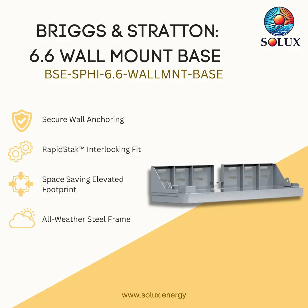 Promotional graphic for the Briggs & Stratton 6.6 Wall Mount Base by Solux, showing a gray steel wall mount base on a cream and yellow background with feature callouts and the Solux logo.