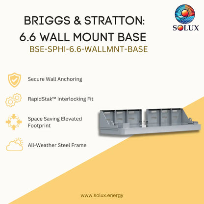 Promotional graphic for the Briggs & Stratton 6.6 Wall Mount Base by Solux, showing a gray steel wall mount base on a cream and yellow background with feature callouts and the Solux logo.