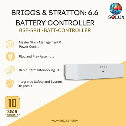 Promotional graphic for the Briggs & Stratton 6.6 Battery Controller by Solux, showing the white rectangular battery controller unit on a light background with feature callouts and a 10-year warranty badge.