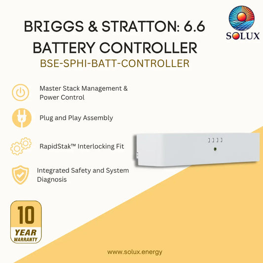 Promotional graphic for the Briggs & Stratton 6.6 Battery Controller by Solux, showing the white rectangular battery controller unit on a light background with feature callouts and a 10-year warranty badge.