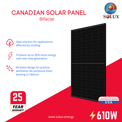 Canadian Solar CS6.2-66TB-610HR 610 Watt 132 Half Cell All Black Bifacial Solar Panel