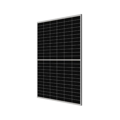 An image of canadian CS6.2-48TM-435 solar panel with a black grid-patterned surface and a silver metal frame, shown at an angle on a plain white background.