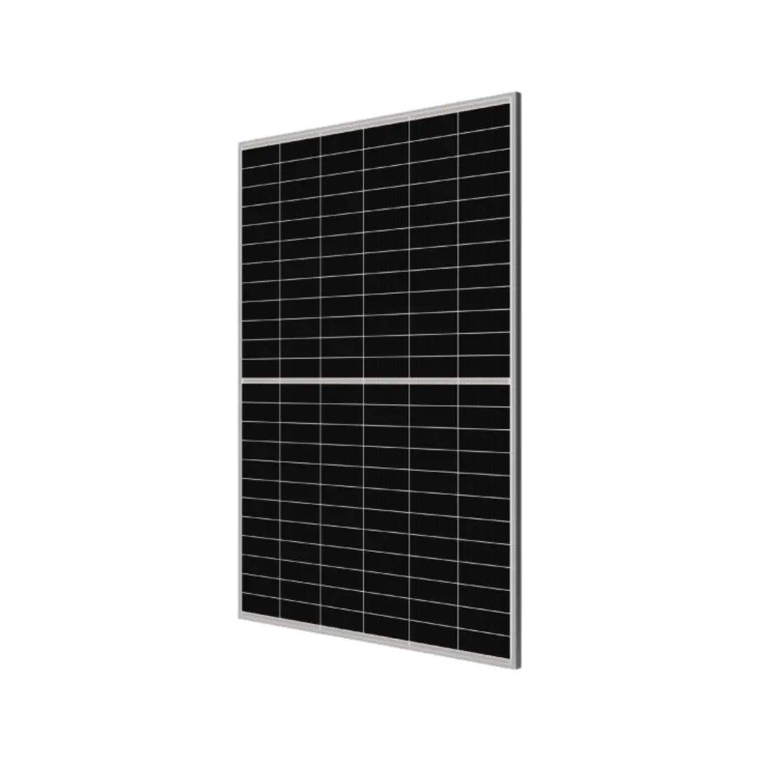 An single product image of canadian CS6.2-48TM-445solar panel  with a black grid-patterned surface and a silver metal frame, shown at an angle on a plain white background.
