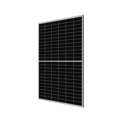 An single product image of canadian CS6.2-48TM-445solar panel  with a black grid-patterned surface and a silver metal frame, shown at an angle on a plain white background.