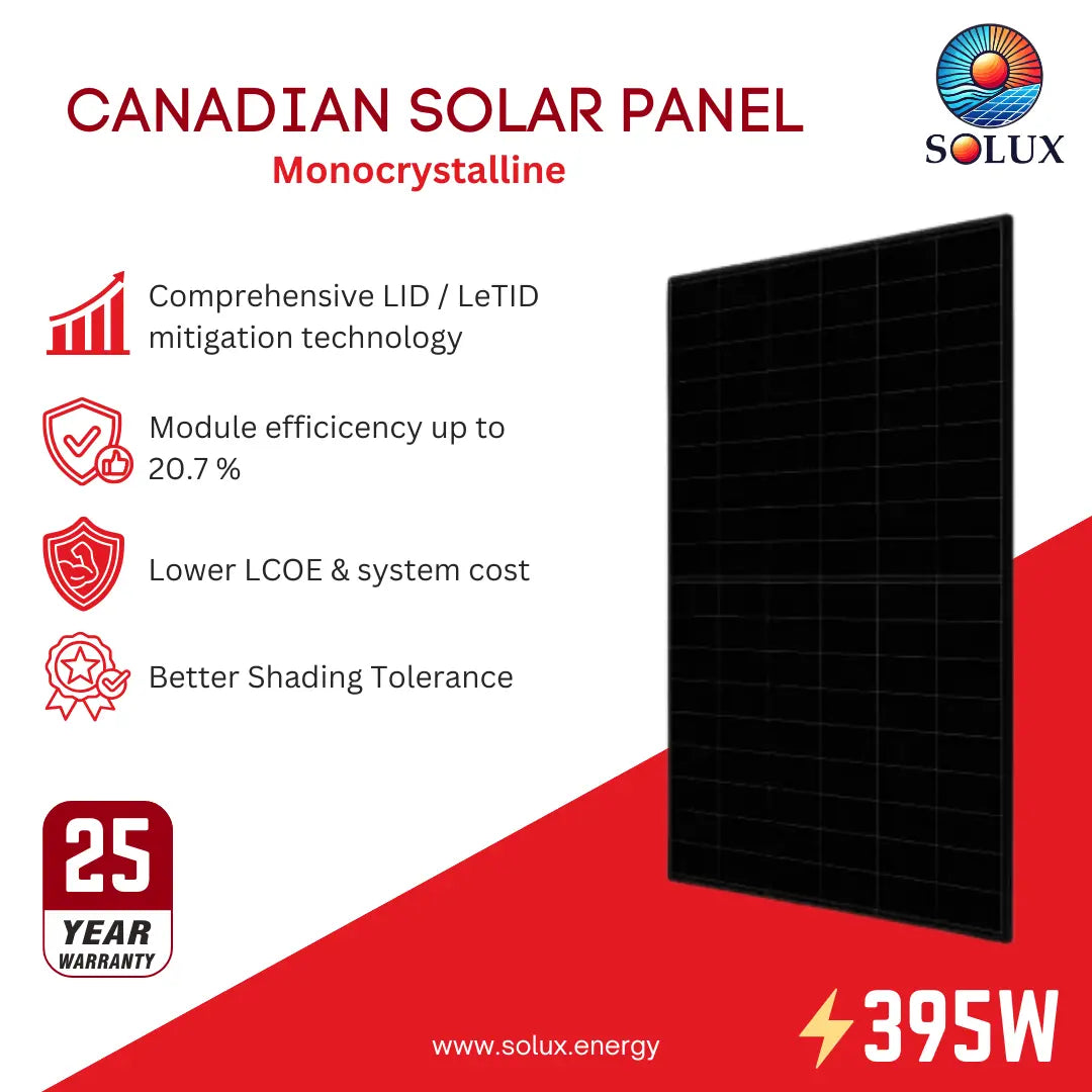 Promotional graphic for a Solux Canadian Solar Panel Monocrystalline 395W product, featuring a black solar panel on a white and red background with feature callouts and a 25-year warranty badge.