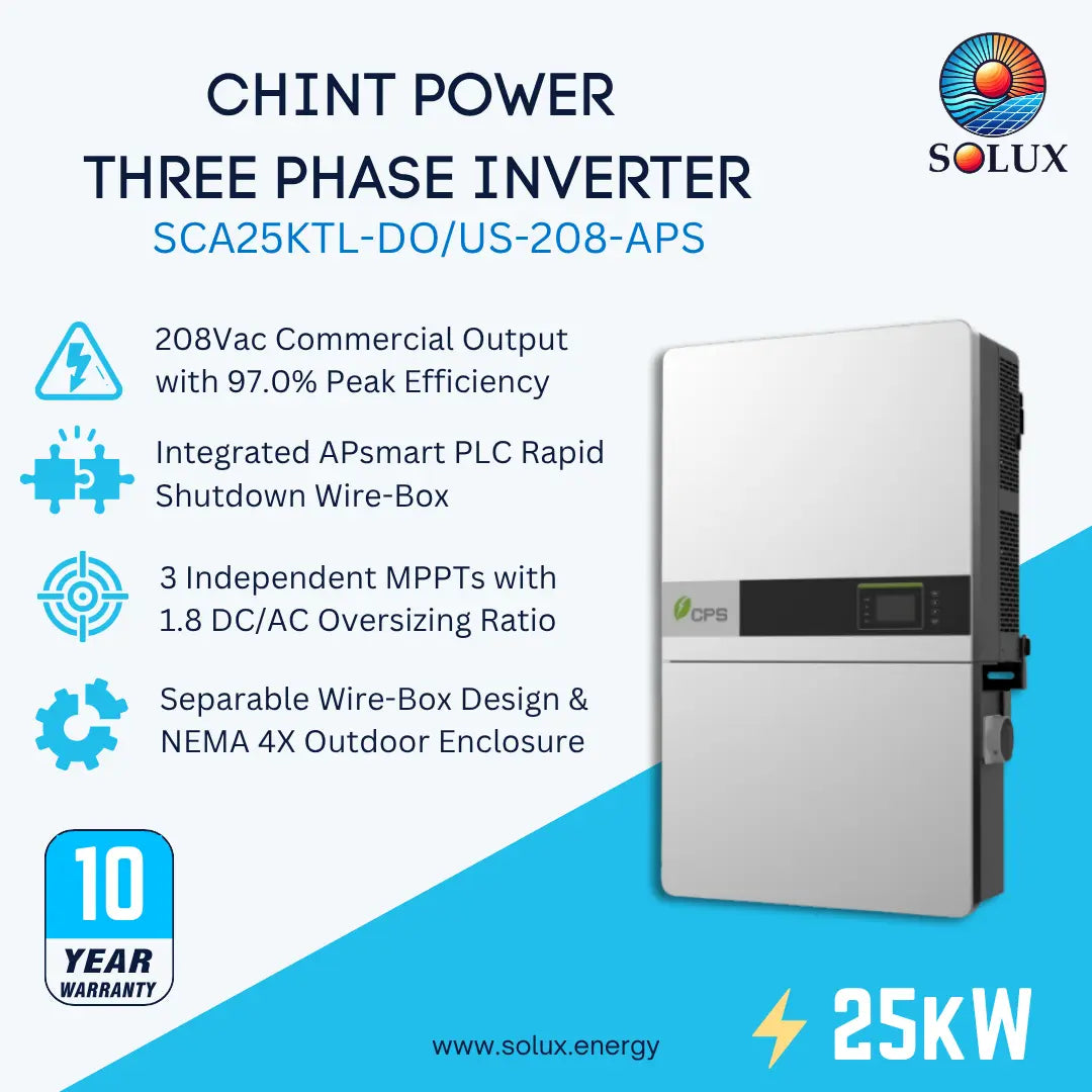 A promotional product graphic for a Solux Chint Power three-phase inverter, model SCA25KTL-DO/US-208-APS. The image features a white and gray inverter unit on the right, accompanied by blue and white text detailing its specifications, including 208Vac commercial output, integrated APsmart PLC, 3 independent MPPTs, and a 10-year warranty.