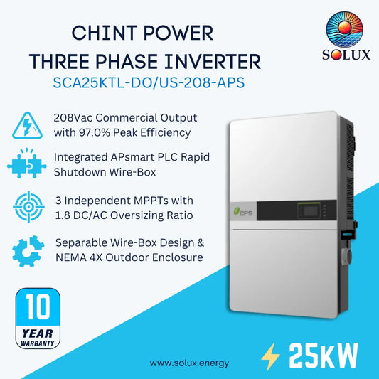 A promotional product graphic for a Solux Chint Power three-phase inverter, model SCA25KTL-DO/US-208-APS. The image features a white and gray inverter unit on the right, accompanied by blue and white text detailing its specifications, including 208Vac commercial output, integrated APsmart PLC, 3 independent MPPTs, and a 10-year warranty.