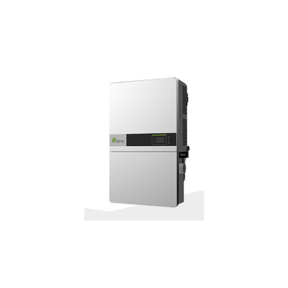 A silver and black solar power inverter unit with a small green and white logo on the front, shown at a three-quarter angle against a plain white background.