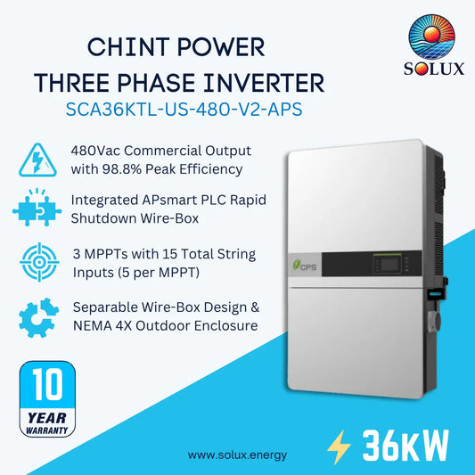 A promotional product graphic for a Solux Chint Power three-phase inverter, model SCA36KTL-US-480-V2-APS. The image features a large white and gray inverter unit on the right, accompanied by several blue and black text callouts detailing its specifications, including 480Vac commercial output, integrated APs smart PLC, 3 MPPT inputs, and a 10-year warranty.