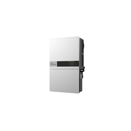 A silver and black solar power inverter unit with a small green and white logo on the front, shown against a plain white background.