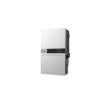 A silver and black solar power inverter unit with a small digital display and green logo, shown on a plain white background.