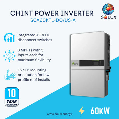 Solux Chint Power Inverter SCA50KTL-DO/US-A, a 50kW inverter unit with integrated AC and DC disconnect switches, shown on a blue and white promotional background with feature icons and a 10-year warranty badge.