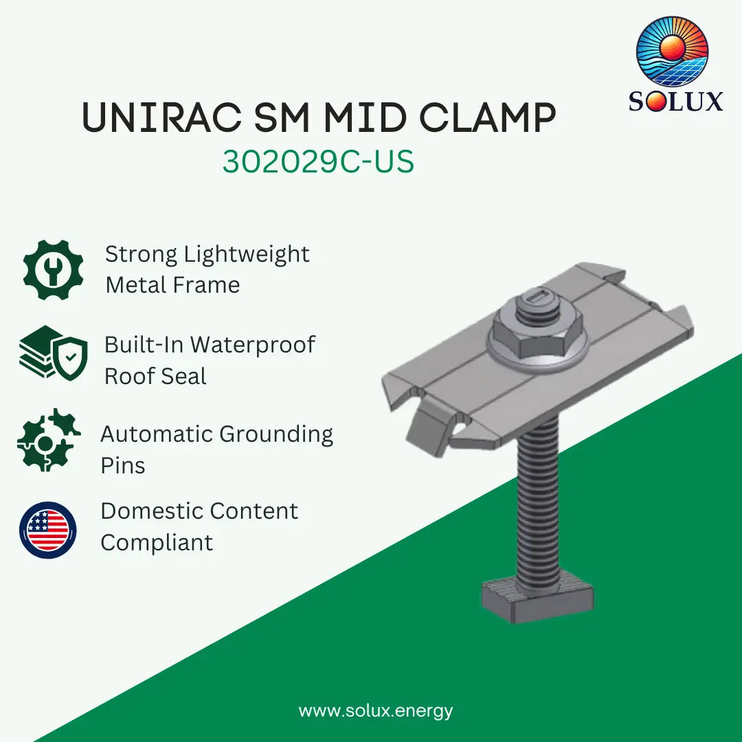 SOLUX Unirac SM Mid Clamp 302027C-US product graphic on a light background with a green diagonal section. The image shows a gray metal clamp assembly with a threaded post and bolt, plus marketing text and feature icons for lightweight metal frame, waterproof seal, grounding pins, and domestic content compliance.