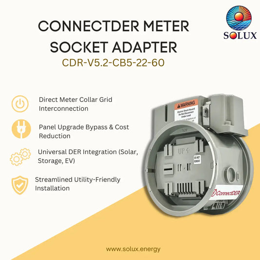 Connectder Meter Socket Adapter CDR-V5.2-CB5-22-60 by Solux, shown on a beige and yellow graphic background with feature icons and product details.