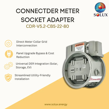 Connectder Meter Socket Adapter CDR-V5.2-CB5-22-80 by Solux, shown on a beige and yellow graphic background with product features listed on the left.
