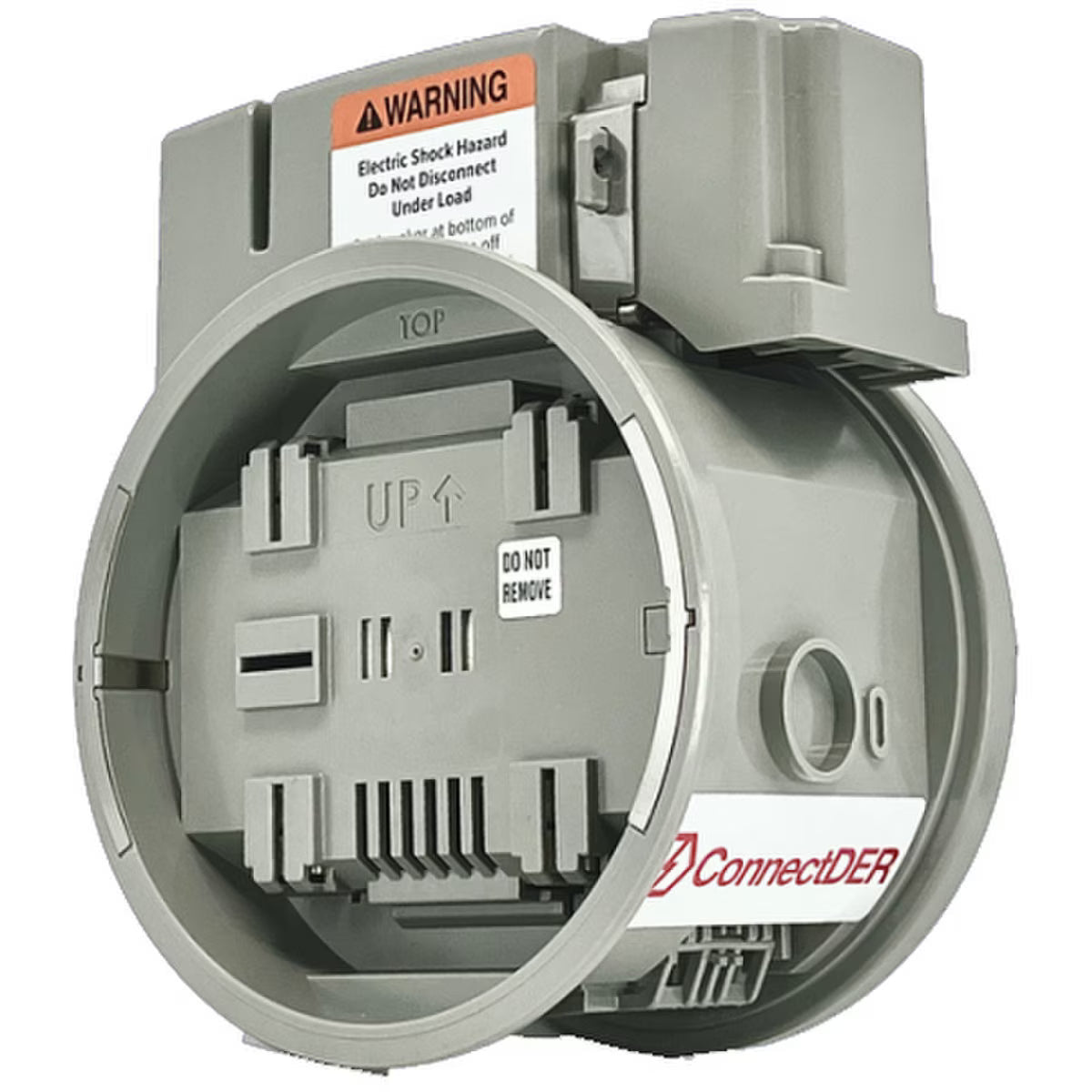Electrical junction box with warning label and ConnectDER branding on a white background