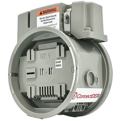 Electrical junction box with warning label and ConnectDER branding on a white background