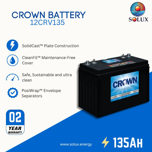 A promotional product graphic for a Crown Battery 12CRV135 from Solux. The black battery is shown on the right with its blue and white Crown label, alongside feature callouts including SolidCast plate construction, CleanFit maintenance-free cover, safe sustainable clean design, PosiWrap envelope separators, a 02 year warranty badge, and 135AH text.
