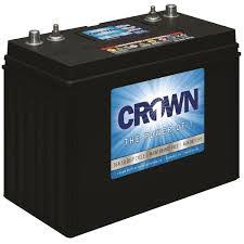 Crown battery with a blue label on a black background